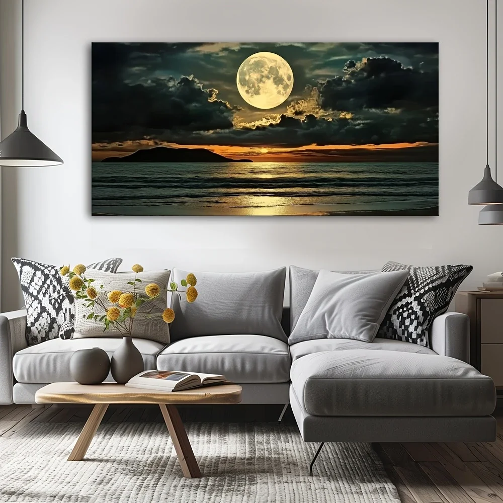 Tranquil Seascape With Full Moon And Calm Waters, Living Room And Bedroom Decor, Home Masonry, Bathroom Decor, Room,No Frame