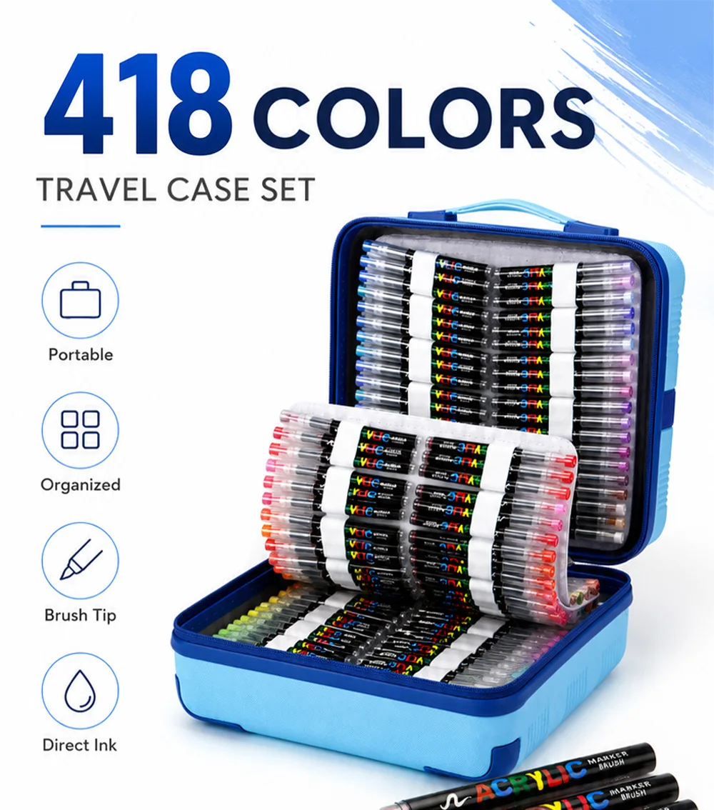 XinyiArt Direct Ink Liquid Acrylic Marker 418 Colors Travel Case Soft Tip Blendable Brush Marker Art DIY Painting On Glass Stone