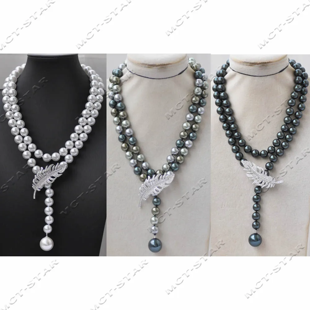 

MTC·STAR Z13438 35'' 16mm Round Shell Pearl Necklace Pendant CZ Feather Custom Jewelry