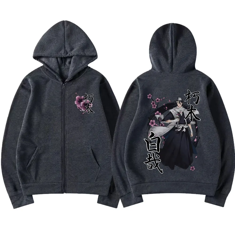 Anime Bleach Kuchiki Byakuya Cherry Blossom Zipper Hoodie Men Women Fashion Casual Oversized Zip Up Jacket Man Fleece Sweatshirt