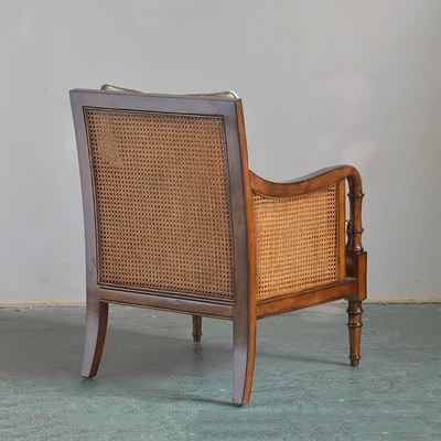 Vintage solid wood fabric woven rattan single person balcony leisure chair photo studio homestay sofa