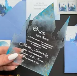 10pcs Custom Baby Birthday Invitation Card Laser Cut Castle Blue Dream Happy Birthday Invitations with Envelop Baptism Card
