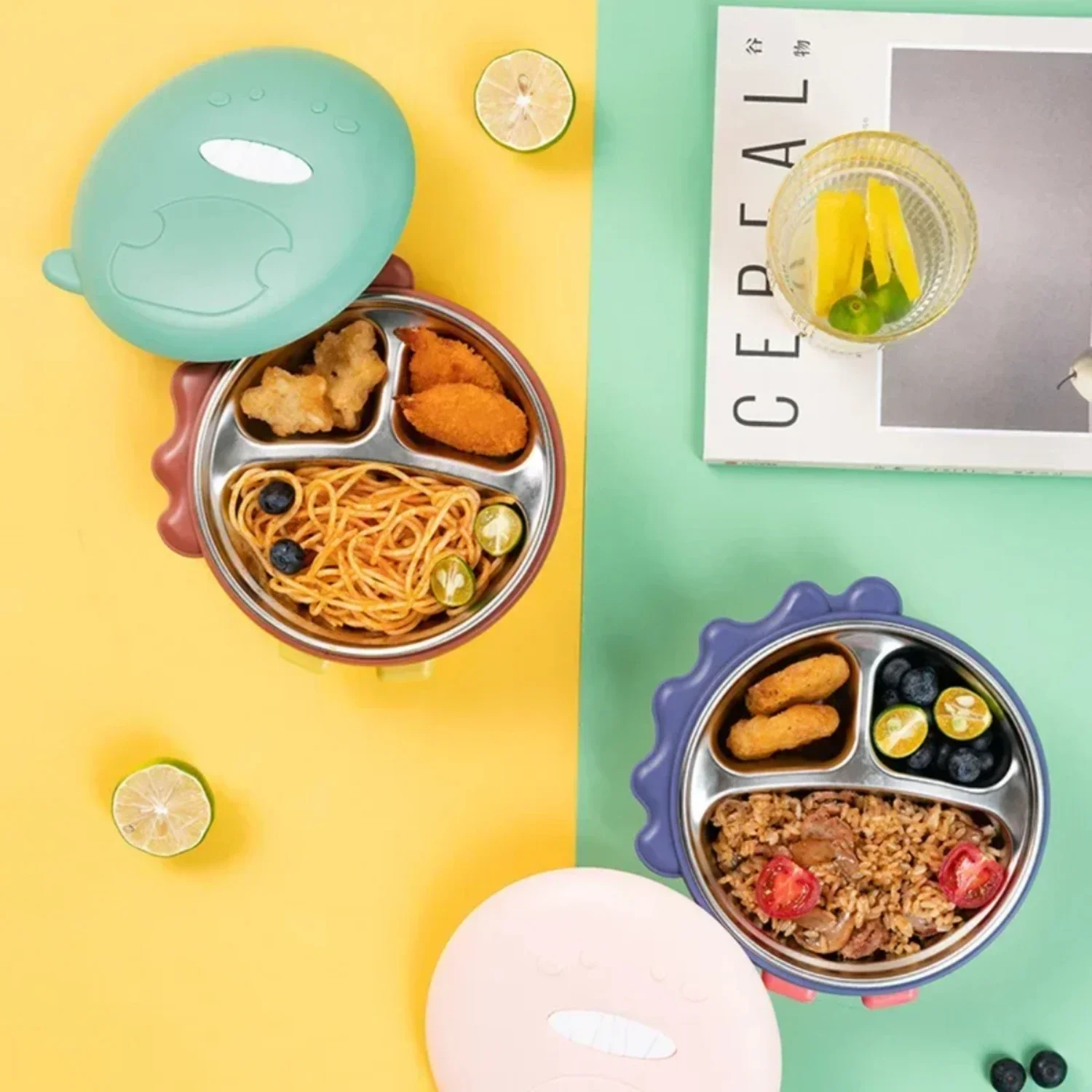 Contenitore per il pranzo in acciaio inossidabile da 500 ml, contenitore per alimenti per posate per bambini, scomparto, con isolamento ad acqua riscaldata, per dinosauri