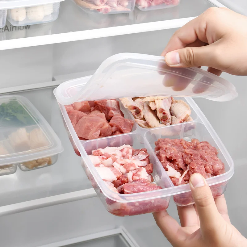 Caja de almacenamiento de preparación de alimentos, 4 rejillas, compartimento para refrigerador, organizadores de congelador, subembalados, carne, cebolla, platos de jengibre, Crisper, nuevo