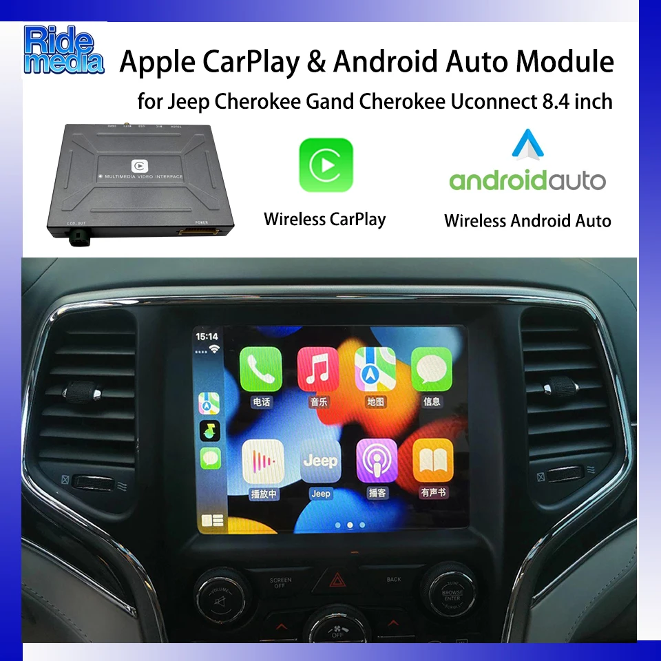 Image of RideMedia 2026 Bildschirmspiegelung GPS Musik Bluetooth CarPlay Android-Schnittstelle für Jeep Grand Cherokee Compass 2014-2019