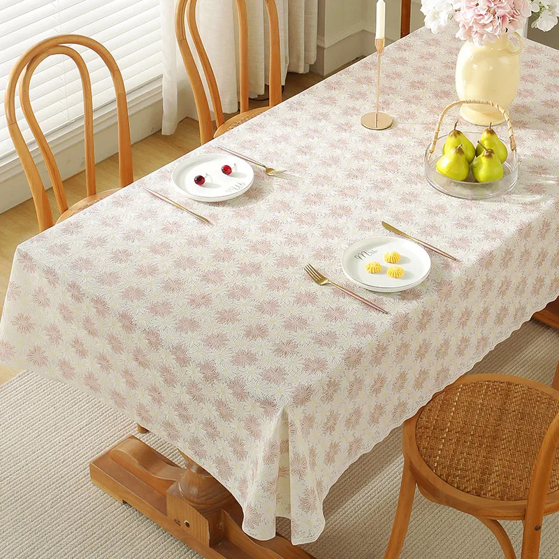 PVC Lace Tablecloth Waterproof Washable and Erasable Table Linen Tea Table Cloth Rectangular Table Cover Beige Color