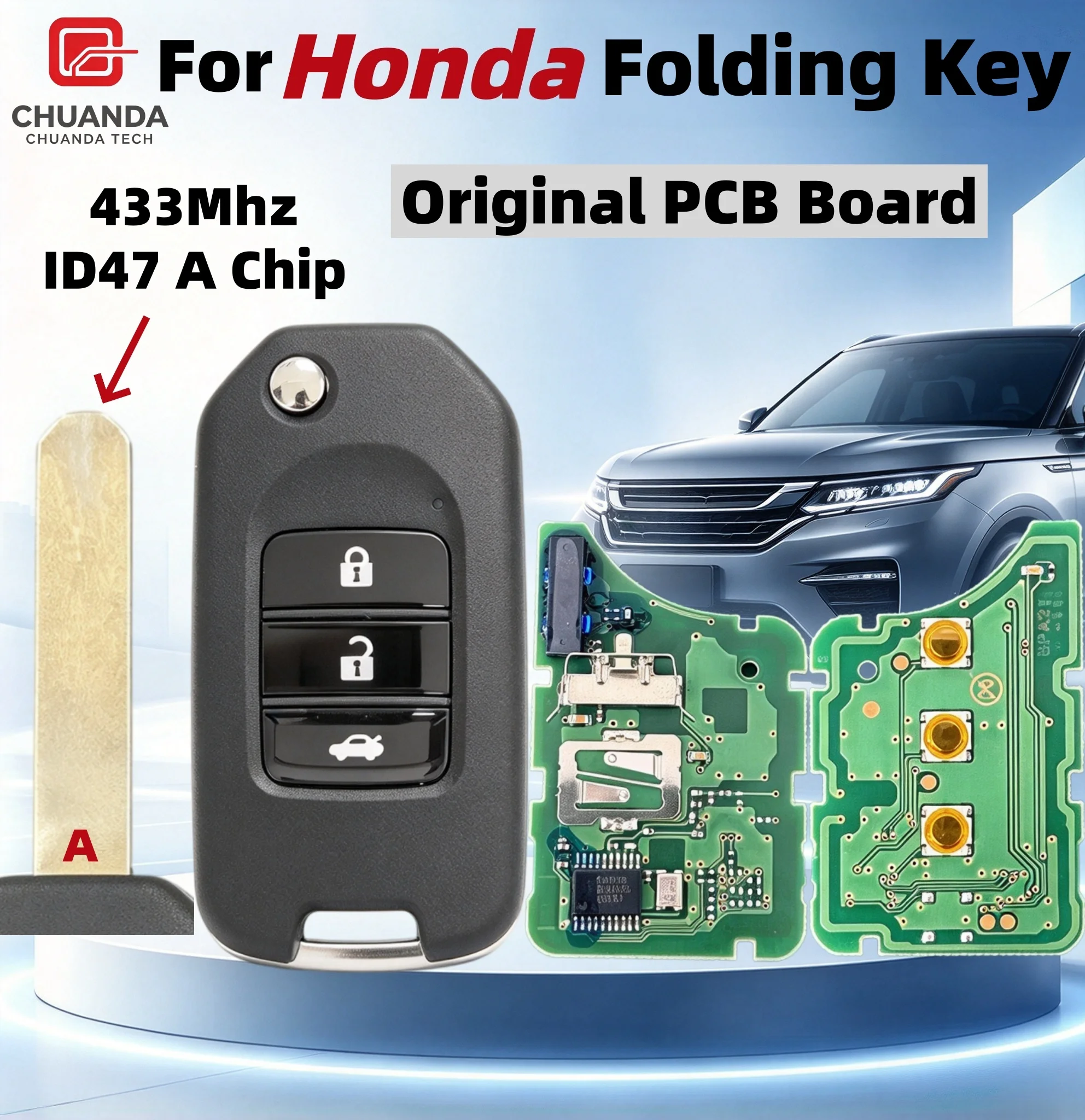 Original Factory Folding Remote Key Is Compatible with Honda, Accord, Civic, City, Crv, Jazz, Xr-V, Vezel, Hr-V, Frv, Supports 433Mhz Id47 Pcf7961A Chip, Model Twb1G721Hlik6-3T