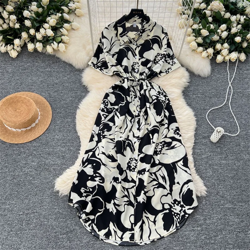 Women Dress 2025 Fashion Print Floral A-line Shirt Dress Elegant Vintage Off Lady Summer Dress with Belt Casual Vestidos