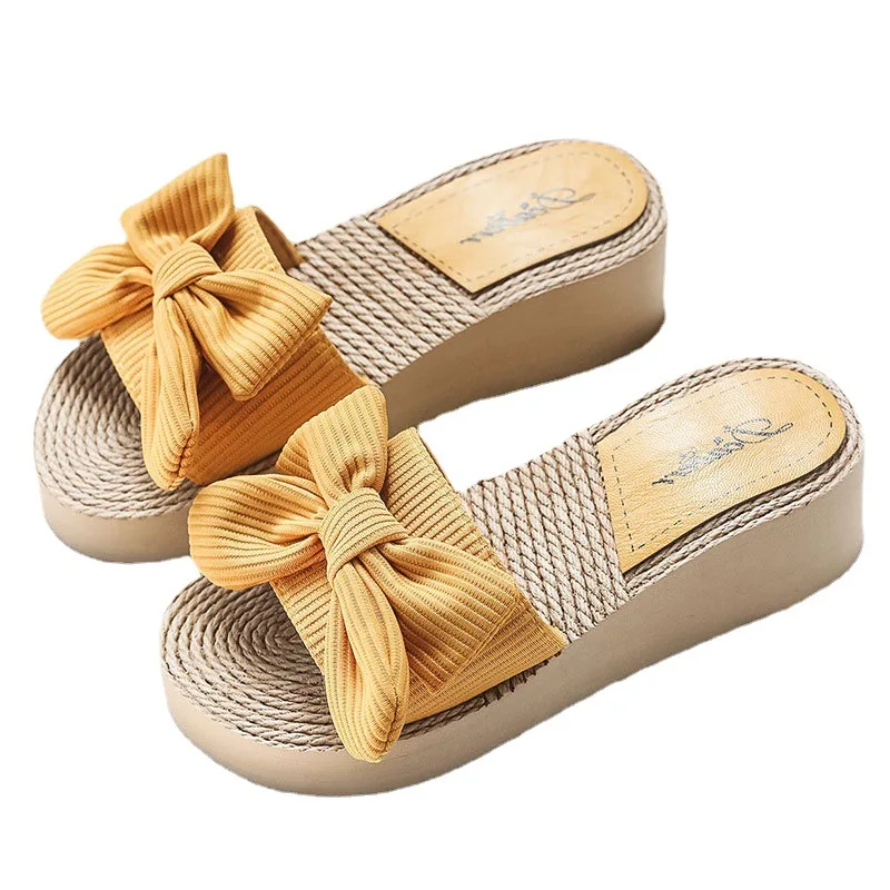 2023 Bow-knot Women Slippers 2022 Fashion Platform Casual Breathable Beach Shoes Female Retro Rome Wedge High Heels Slides