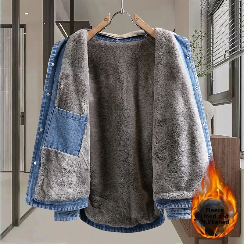 

Мужская джинсовая куртка на флисовой подкладке, утепленная, осенне-зимняя, молодежная, из смесового хлопка и полиэстера, ветрозащитная верхняя одежда