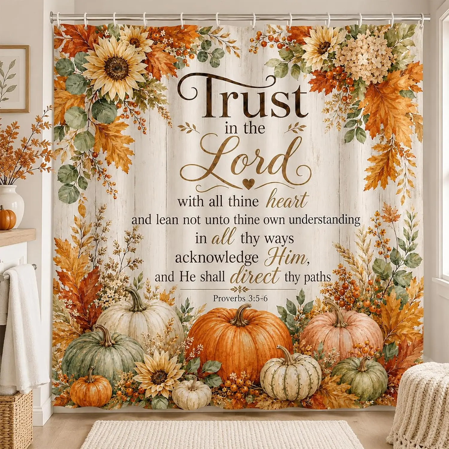 Fall Christian Shower Curtain for Bathroom, Inspirational Farmhouse Autumn Harvest Pumpkin Sunflower Shower Curtain with Bible Verse, Thanksgiving Holiday Bathroom Decor Waterproof Bath Curtain Set