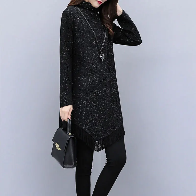 Autumn Winter Women\'s Tassel Spliced Irregular Dresses Fleece Solid Color Fashion Bright Silk Turtleneck Mini Dress for Female