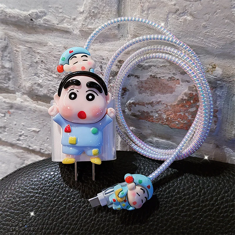 4pcs/set Crayon Shin-chan Data Cable Protective Case 20W for Iphone 15 14 Kawaii Cartoon Anti-fracture Charger Protective Case