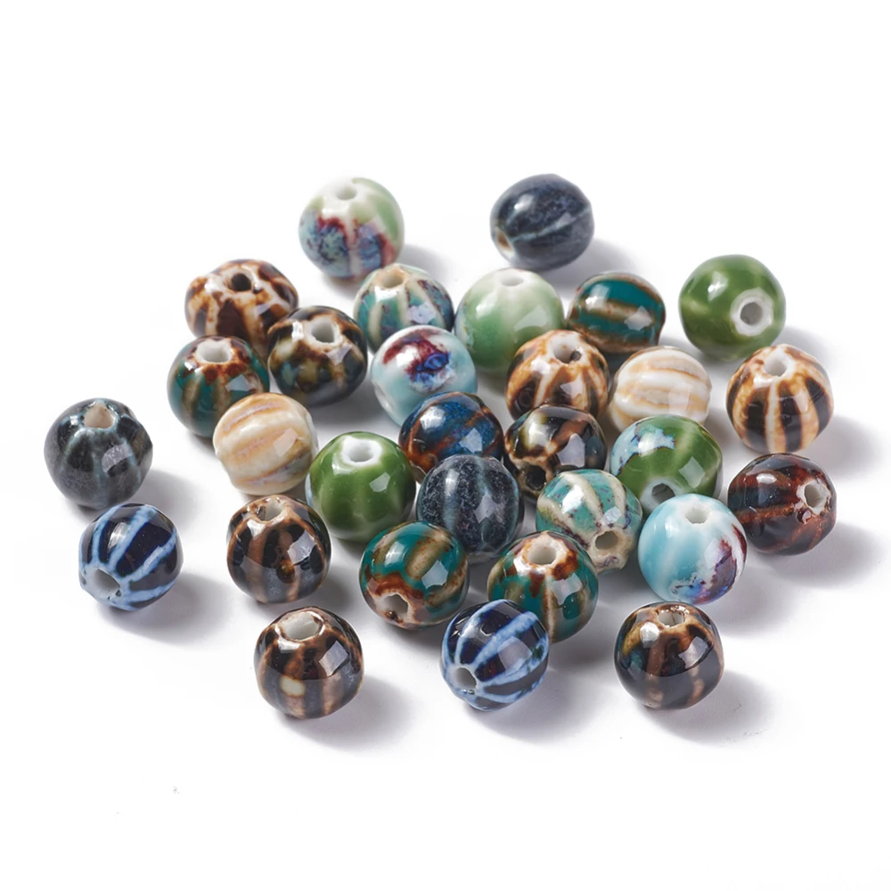 

100Pcs Handmade Porcelain Beads, Round Fancy Antique Glazed Ceramic Spacer Beads for DIY Jewelry Making bracelet crafts decor