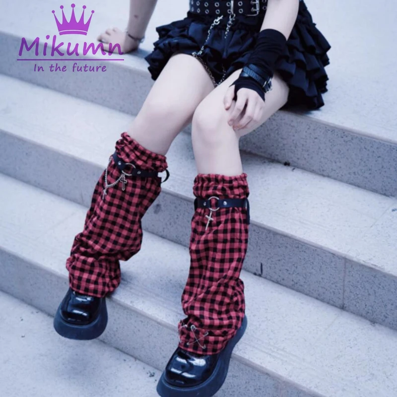 

Mikumn Harajuku Red Pink Blue Purple Plaid Leg Warmer Socks Y2k Grunge Gothic Vintage PU Buckle Cross Chain Adjustable Leg Cover