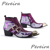 Snake Pattern Belt Buckle Men's Boots Rainbow Color Patent Leather High Heel Chelsea Boots Trendy Handmade Party Club Prom Shoes