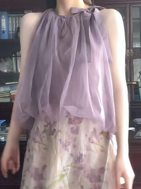 

Pastel Purple Floral Lace Top Skirt Set Women's Comfortable Style Half-length Sleeveless Cotton Blend Fashion Set for Date