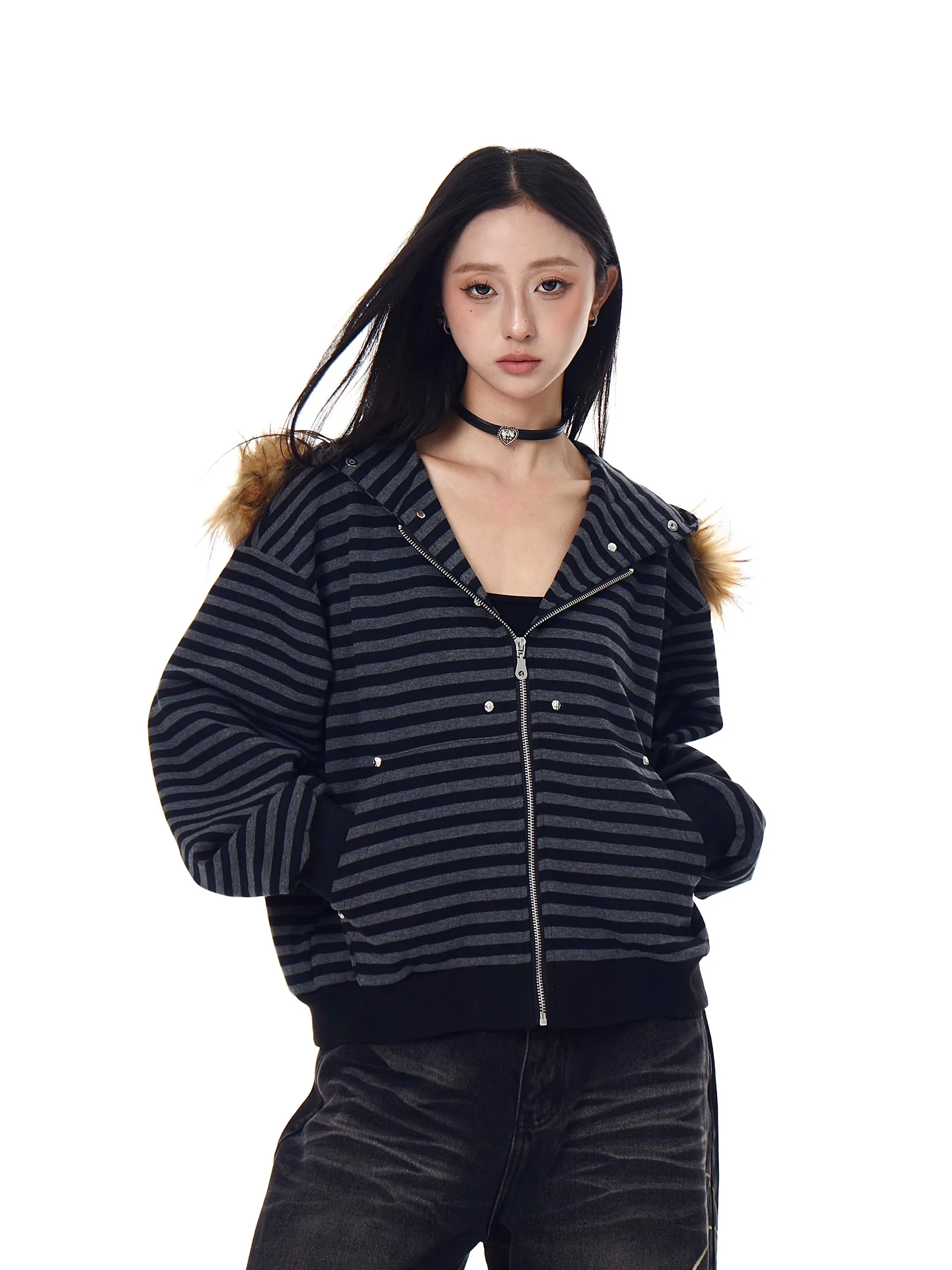 

Women's Hooded Sweatshirt Spring Autumn New American Retro Casual Loose Open Cardigan Top Removable Fur Collar Street Style