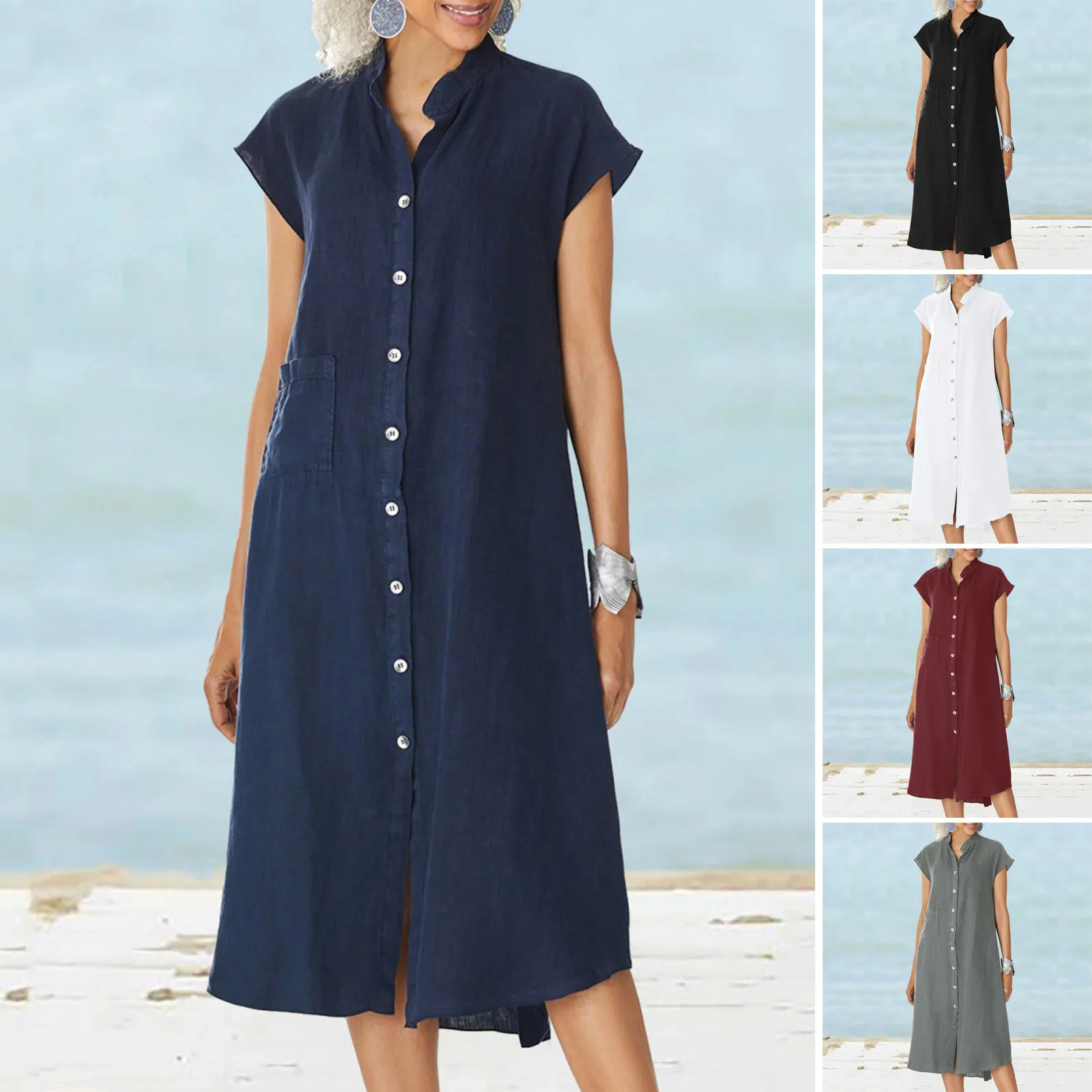 Sukienka koszulowa dla kobiet Lniana bawełniana odzież 2023, Wiosna Lato Casual Vintage Oversized Pure Long Midi Dresses — zdjęcie 5