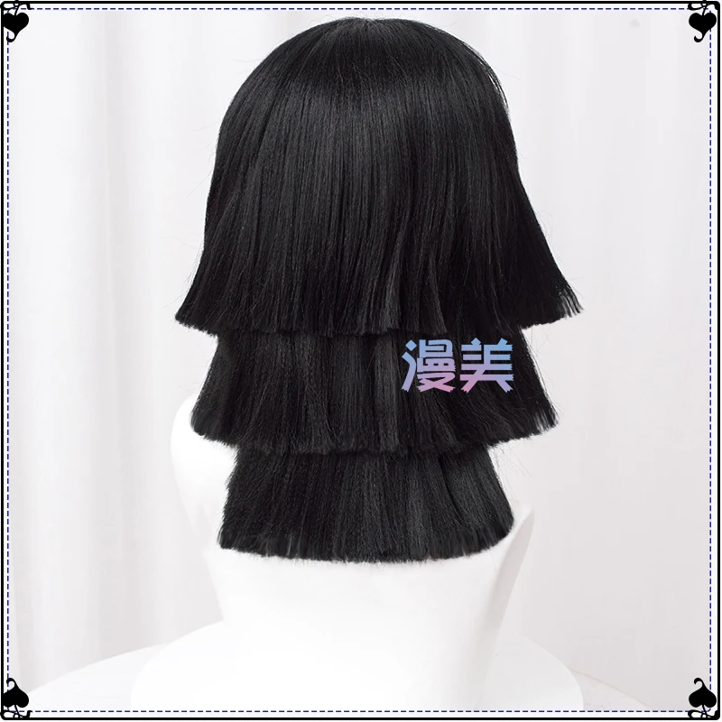 Anime Iguro Obanai Cosplay Pruik Zwart Pluizig Pruiken Hittebestendig Synthetisch Haar Vrouwen Halloween Rollenspel Prop 40Cm