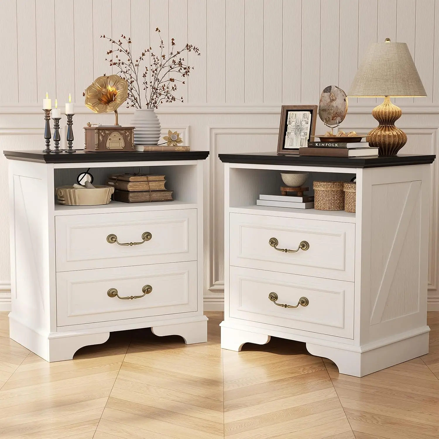 Farmhouse Nightstands Set Of 2, Antique White | Charging Station, 2 Large Drawers With Vintage Handles, Open, Customized