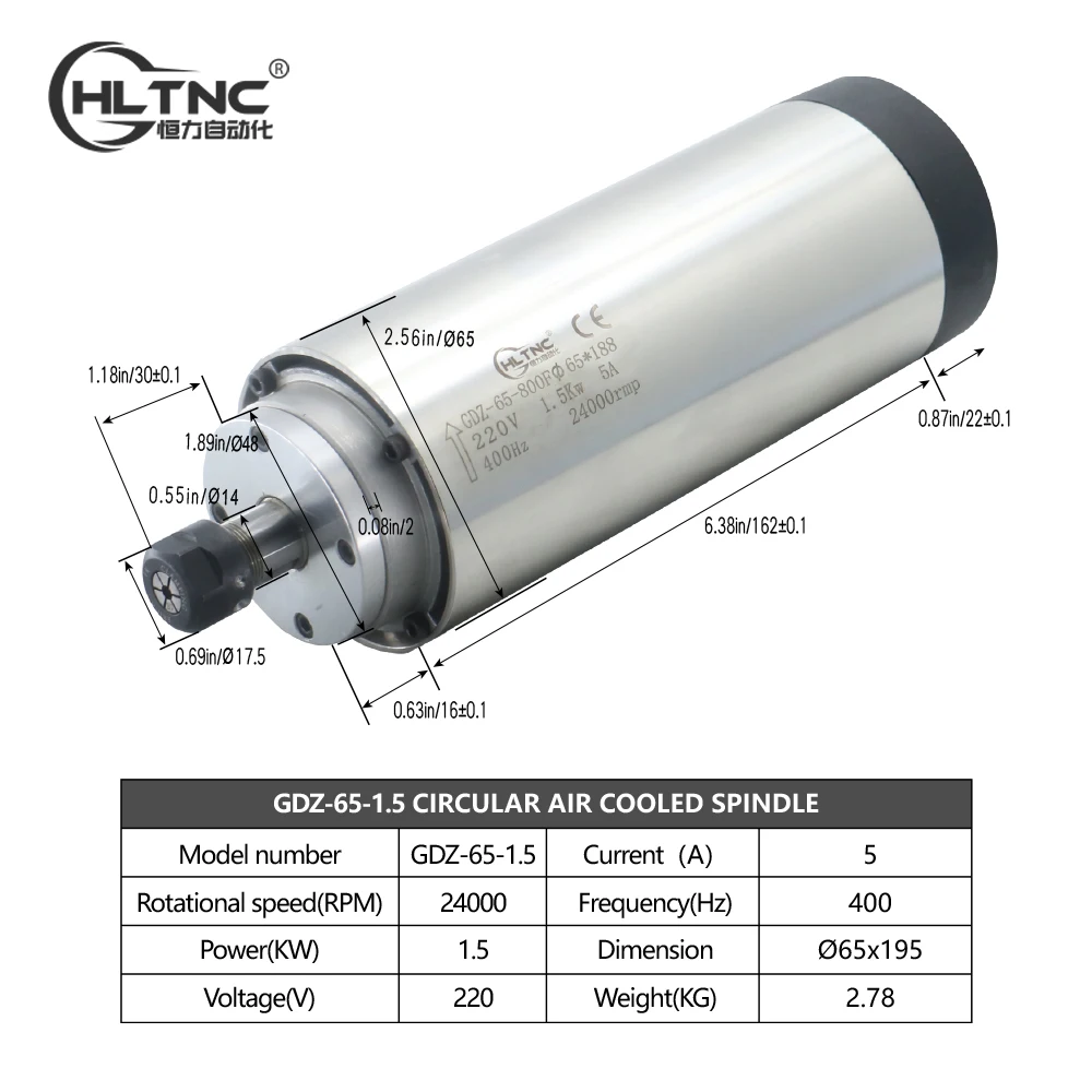 1.5KW 65mm Air Cooled Spindle 24000Rpm for CNC Wood Engraving