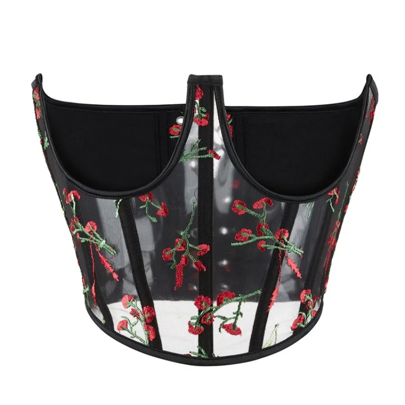 

Sexy Underbust Top with Mesh Fabric Exposed Breasts Bustiers Black Rose Flower Embroidered See-through Under Bust Waist Belt