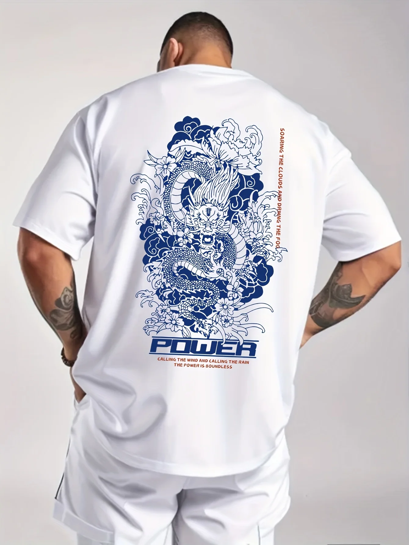 Men's Trendy Loose Short-sleeved Letter Print Dragon Pattern Sporty Casual Multi-purpose Short-sleeved 100% Cotton Men's T-shirt