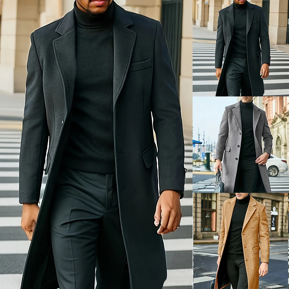 Men\'s Business Outerwear British Style Midlength Woolen Coat with Lapel Collar and Long Sleeves Suitable for Multiple Seasons