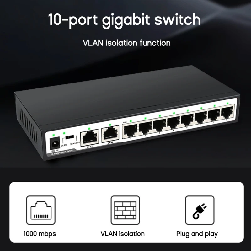 10-портовый коммутатор Gigabit8 + 2Ethernet, Интернет 100/1000M, сетевой разветвитель Vlan, Прямая поставка