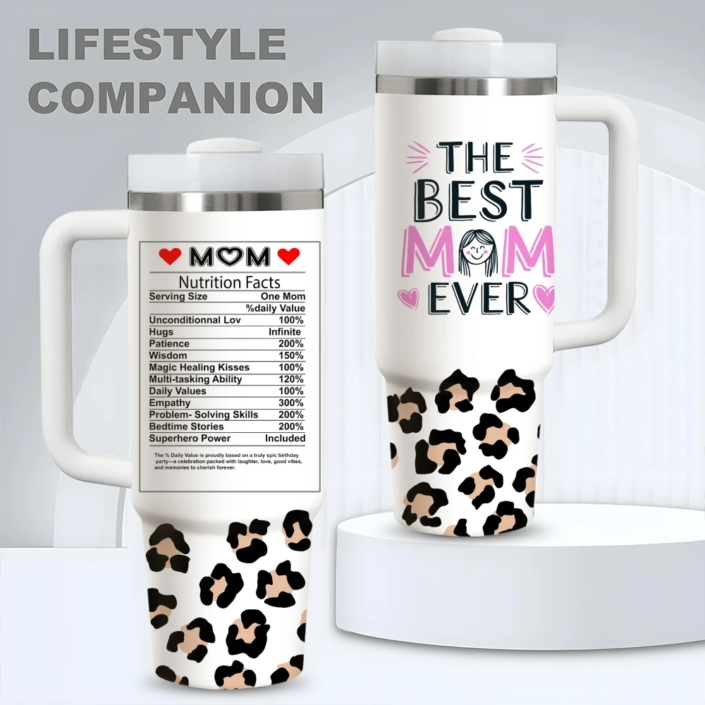 Mom Nutrition Facts Leopard Vacuum Flasks 40oz Stainless Steel Vacuum Insulated Tumbler with Straw Leak Resistant Travel Mug