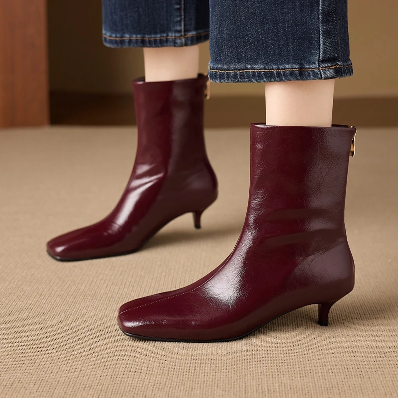 2027 New Autumn Winter Genuine Leather Women Boots Square Toe Short Boots for Women Fashion Retro High Heels Ladies Shoes Boots
