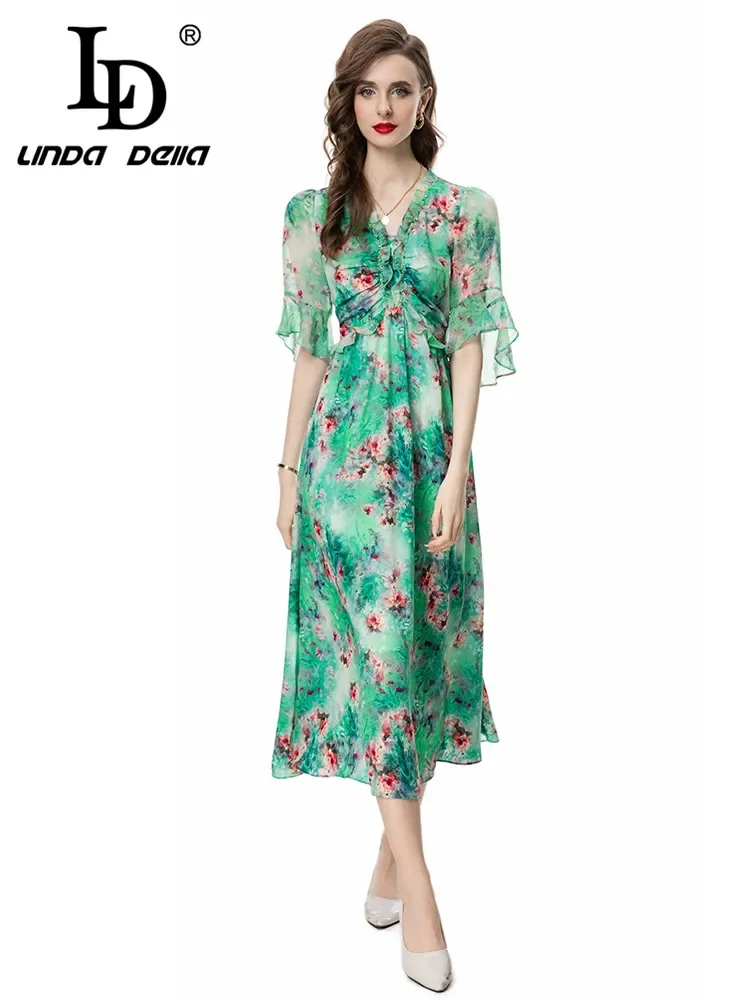 

LD LINDA DELLA Summer New Style Elegant Pretty Dress Women's Vintage Floral Print Chiffon Beading Ruffles Elastic Waist Dresses