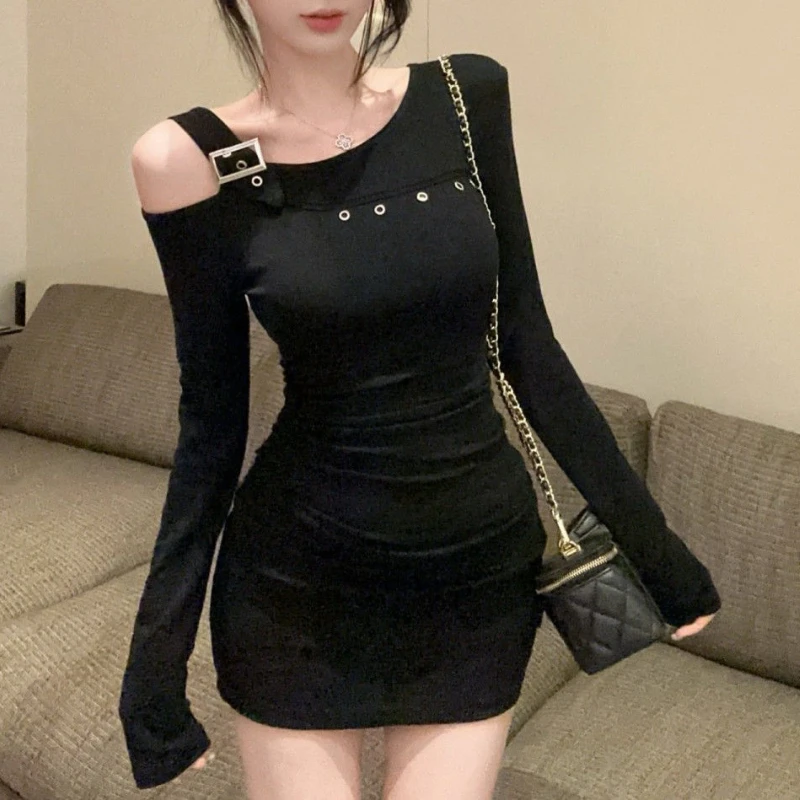 Chic Pleated Slanted Shoulder Hip Dress Female Hottie Dark Slim Waist Cut Out Long Sleeve Dresses Y2k Black Casual Clothes 2025