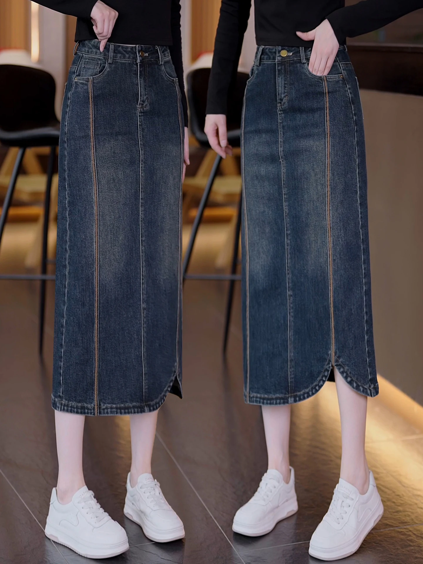 

Retro Denim Asymmetrical A-Line Skirt Women's Spring Autumn High Waist Slimming Midi Skirt Korean Style Commute