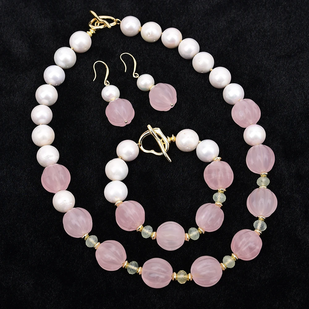 G-G Big Cultured White Edison Keshi Pearl Natural Rose Quartz Green Prehnite Necklace Jewelry Sets For Lady Gifts