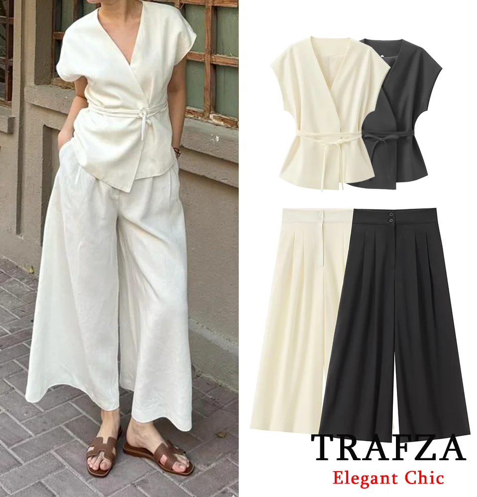 

TRAFZA Elegant Wide Pant Set Women's Lace-up V-Neck Top and Wide Pleated Pant New 2024 Summer Fashion Commuter High Street Set