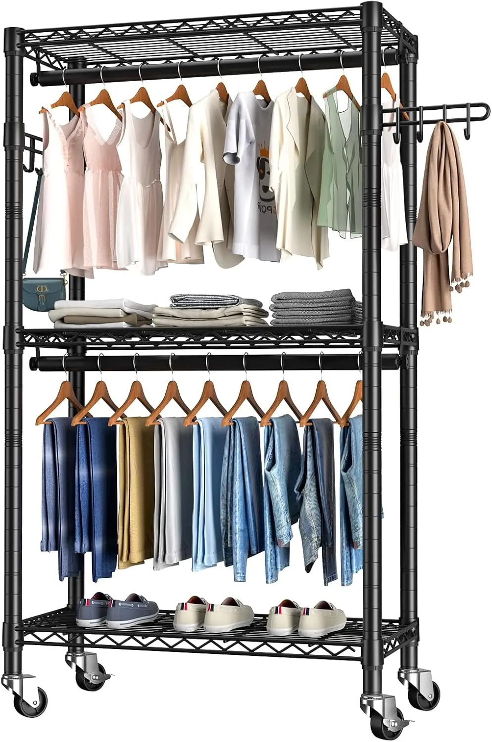 

3-Tier Rolling Garment Rack with Adjustable Shelves, Double Hanging Rods & Side Hooks - Heavy Duty Freestanding Wardrobe Storage