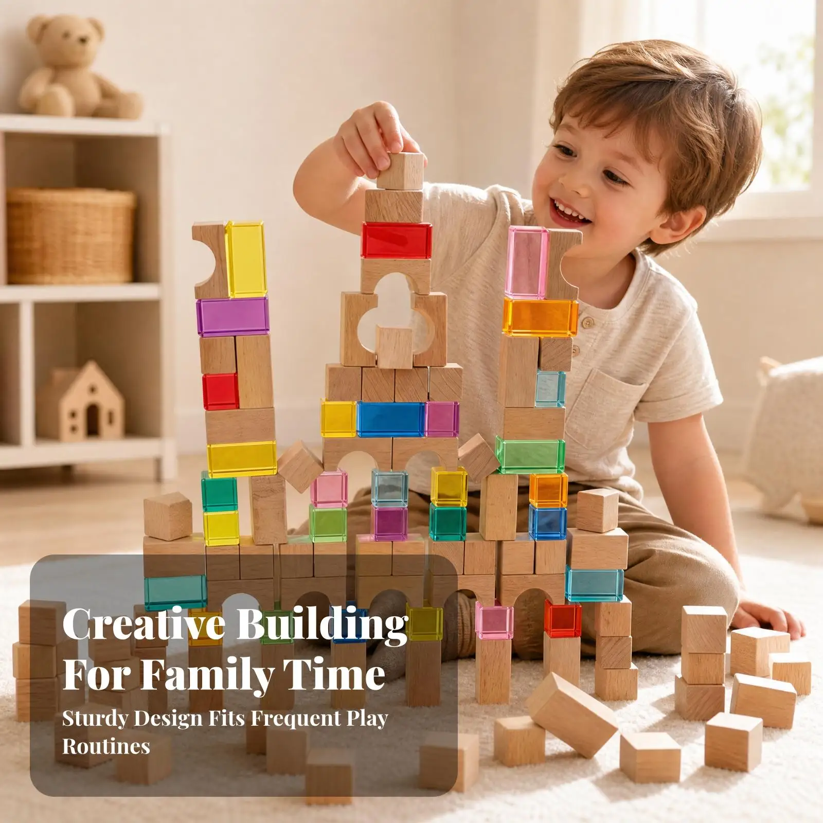 Acrylic and Wood Building Blocks for Kids Ages 4-6 Light Passing Colored Shapes for Early Learning Construction and Screen Free