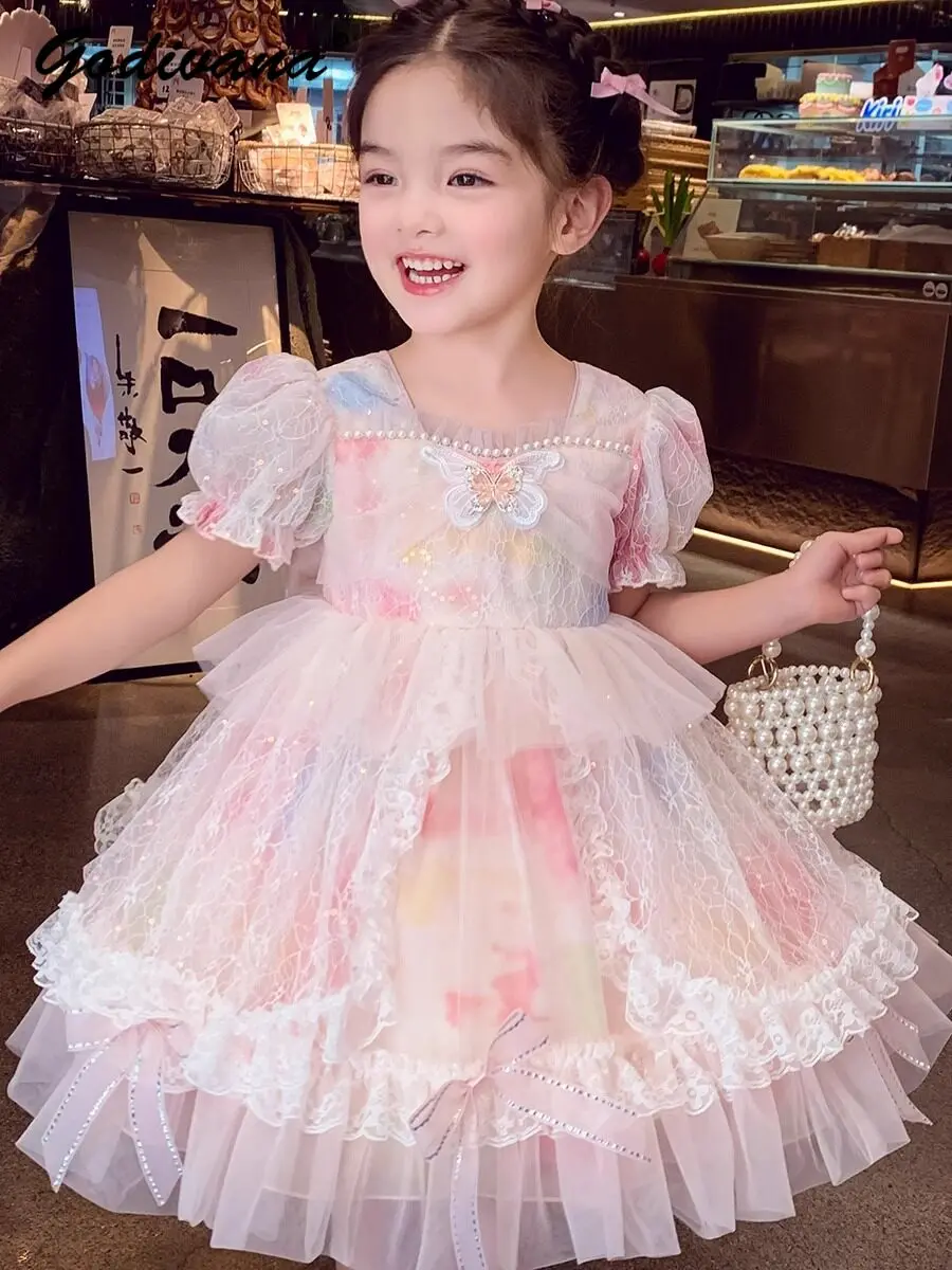 Girls Sweet Mesh Puff Sleeve Lolita Princess Dress New Summer 2026 Kids Heavy Luxury Pearls Butterfly Lace Ruffle Trim Tutu Gown