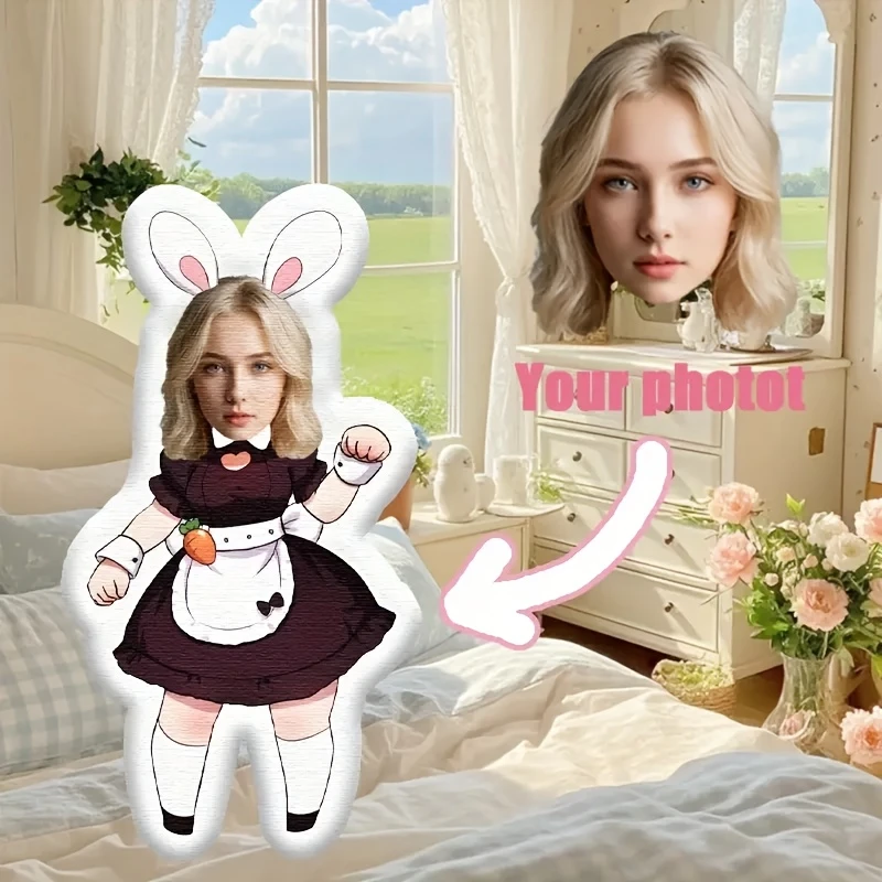 Customize a Humorous and Amusing Rabbit Hug Pillow, Featuring a Personalized Face and Body Pattern Design with Digital Double-si