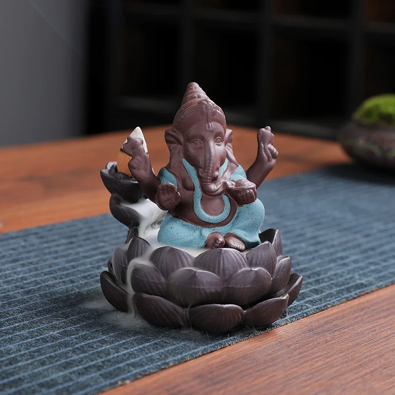 

Purple Clay Ceramic Reflux Incense Elephant Head God Ganesh Lotus Base Incense Burner Home Decoration Ornament Tea Set Ornaments