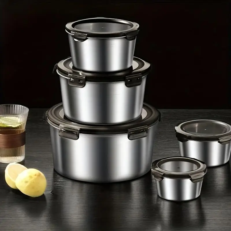 5-Piece Set 304 Stainless Steel round Airtight Lids  Leak-Proof Reusable Preservation for Kitchen Camping Meat Fruits Vegetables