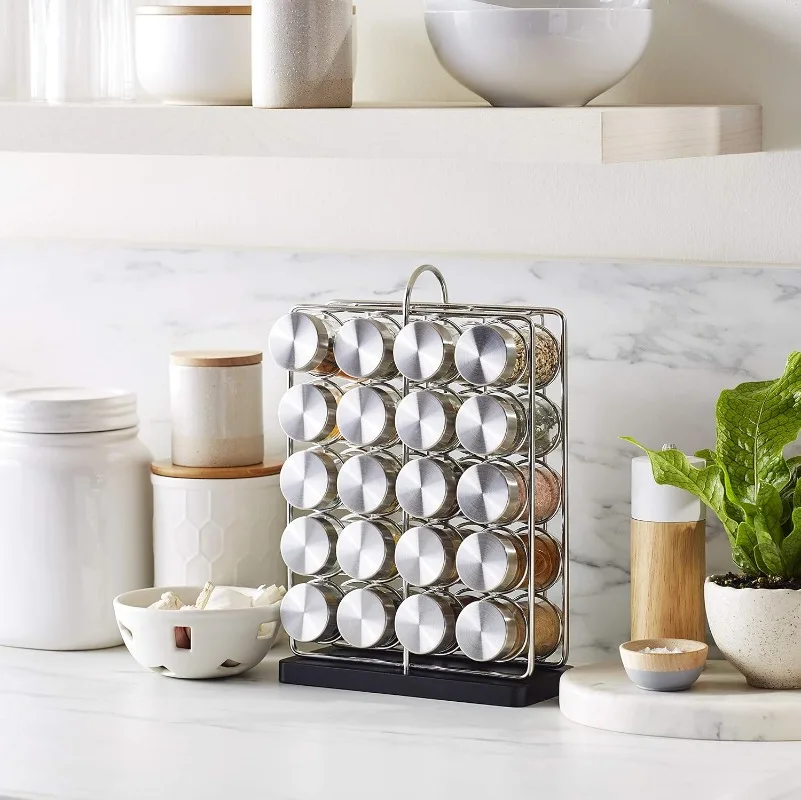 

Basics 20 Jars Spice Rack Organizer, Space-Saving Kitchen Organizer with Glass Spice Jars, Sturdy, Silver