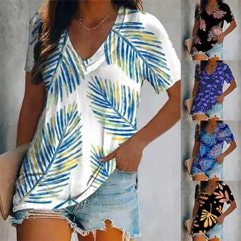 2024 여성 브이넥 반팔 상의, 나뭇잎 무늬 프린트, 통기성 티셔츠, 우아한 여름