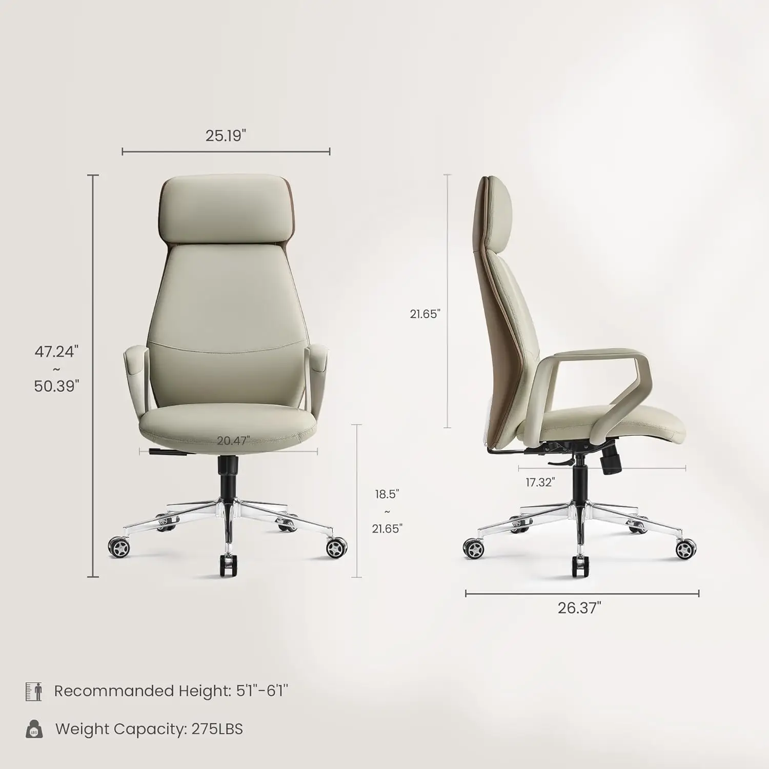 Home Office Use, PU Leather Material, Beige, High Back with Lumbar Support, Large Headrest & 3-Position Recline