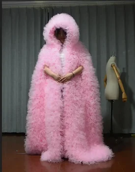 Incredibili giacche lunghe con cappuccio in tulle voluminoso con volant rifiniti in tulle maniche lunghe gilet da donna capispalla abiti lunghi maxi