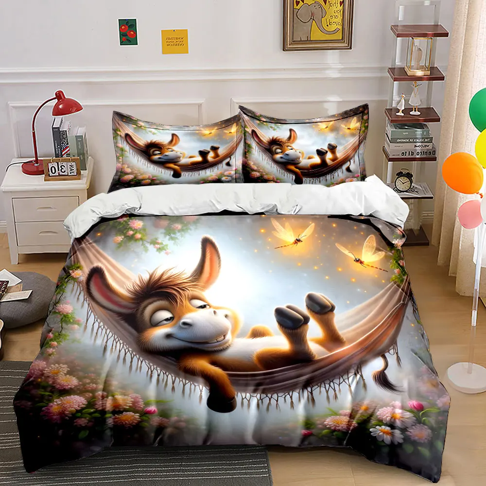 Dream Garden Relaxed donkey on hammock Print Soft Comfortable Duvet Cover Bedding Set Included 1*Duvet Cover 2*Pillowcases
