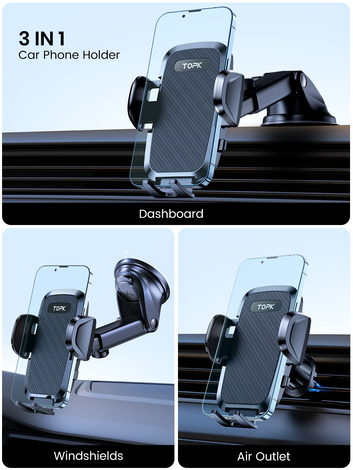 TOPK D36-Z Car Phone Holder Adjustable Car Phone Mount Cradle Super Stable for Dashboard/Windscreen/Air Vent for Mobile Phones