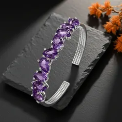 Silver Bracelet Purple Waterdrop Pear Amethyst Adjustable Bangle for Women Fine Jewelry Wedding Valentine Day Gift